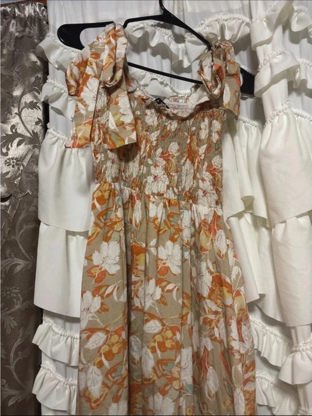 Floral Smocked Sundress in Beige and Orange